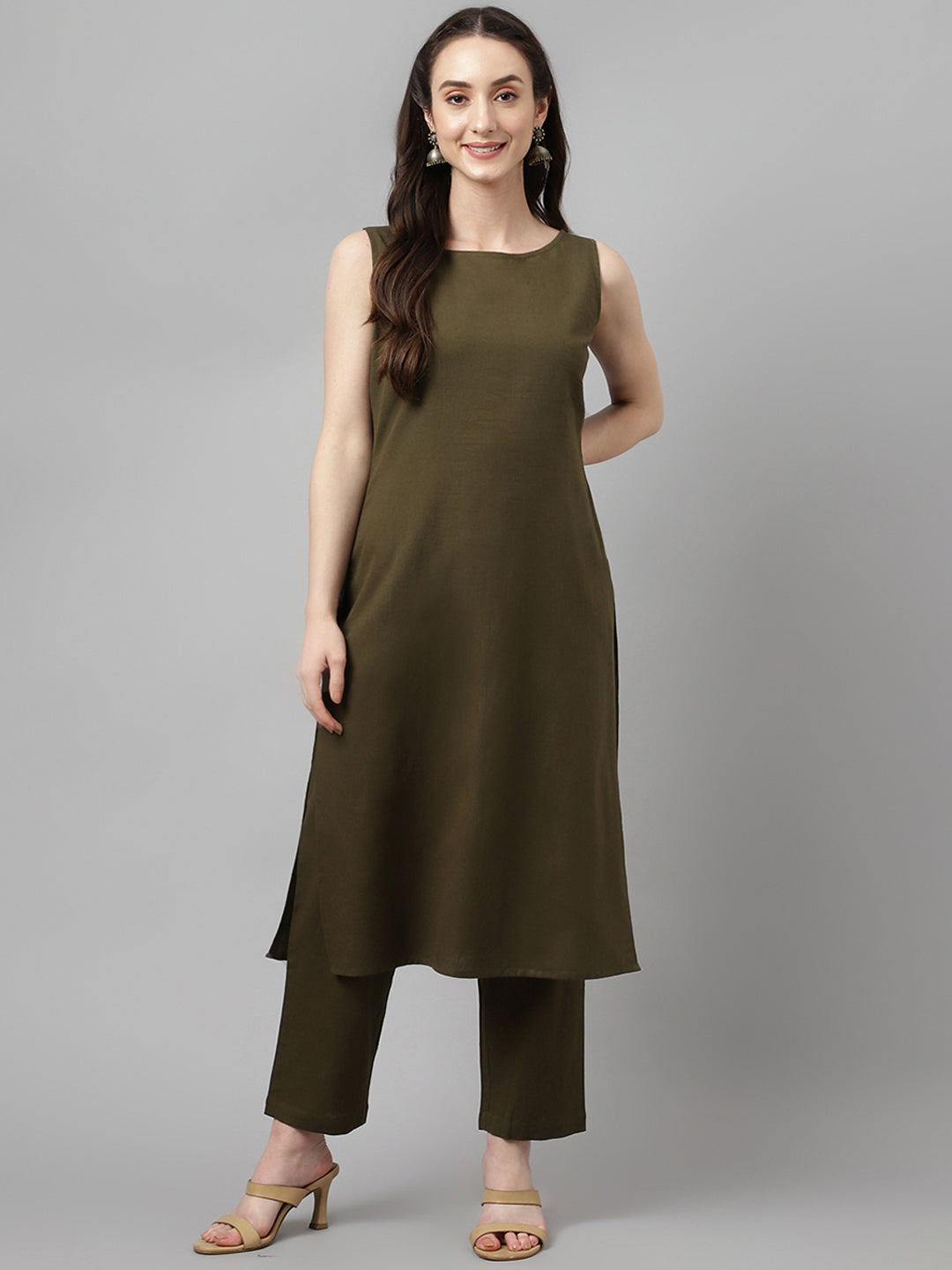 FIORRA Women's Olive Green Rayon Straight Kurta with Pant